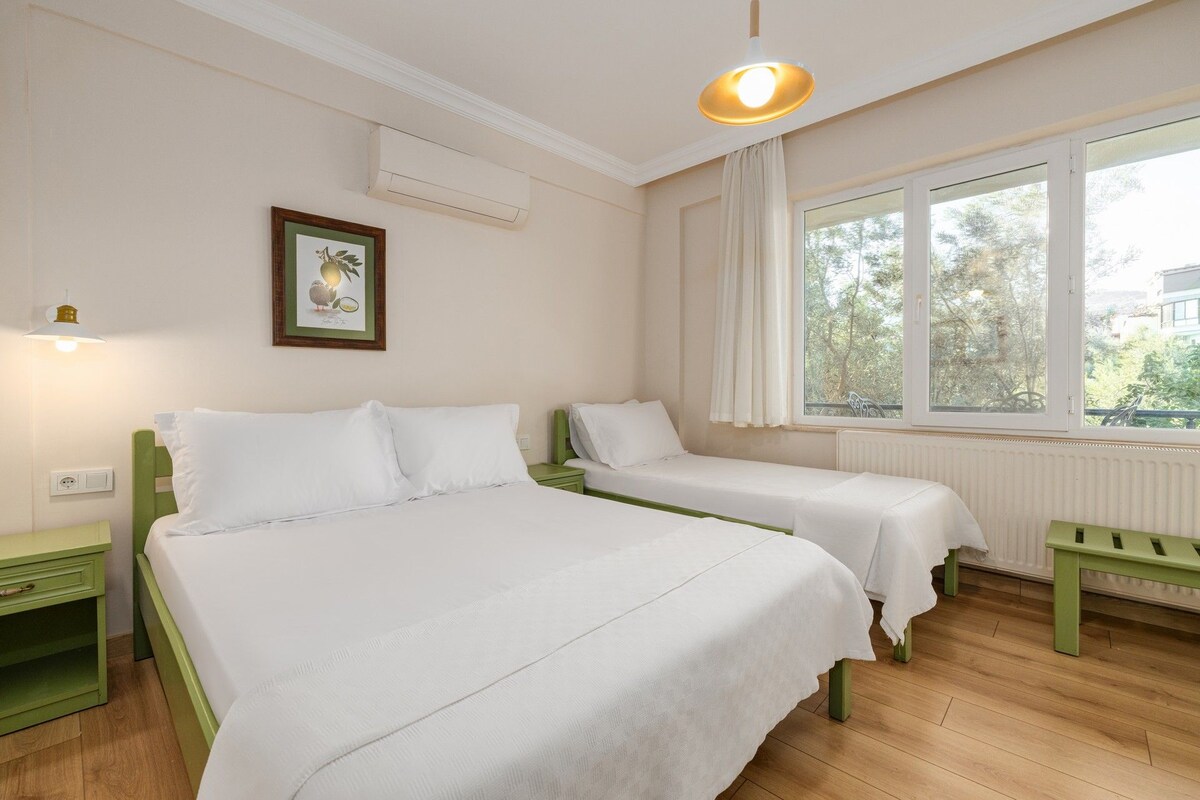 A room with two beds, a window with a view of trees, a framed picture on the wall, and a light fixture.