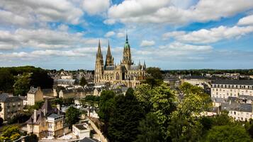 Une cathédrale historique, dotée de deux flèches jumelles et d’une tour centrale, entourée d’immeubles résidentiels et d’une végétation luxuriante.