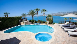 Utomhuspool, parasoller och solstolar