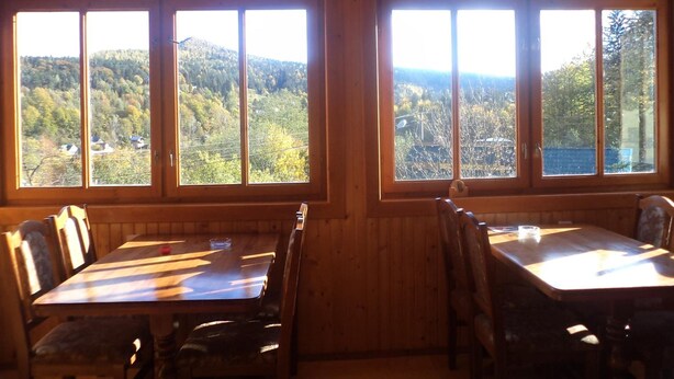 A dining area with wooden walls and large windows overlooking a forested landscape. - Grunyk Guest House (Yaremche)