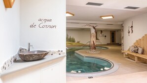 A spa area with a stone basin sink, a pool, and a wooden bench.
