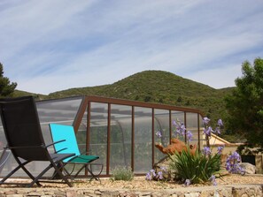 A conservatory with a glass roof, a blue chair, and purple flowers. - Les Gargoulettes (Lauris)