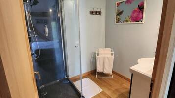 A bathroom with a glass shower enclosure, wooden flooring, a white sink, and a wall-mounted towel rack.