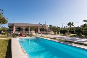 Seasonal outdoor pool, pool umbrellas, pool loungers