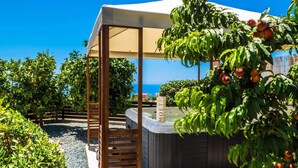 Un área de estar al aire libre techada con vista al mar, rodeada de vegetación exuberante y árboles frutales.