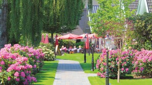 Un sendero en un jardín con sombrillas rojas, rodeado de abundante vegetación y arbustos florecientes.