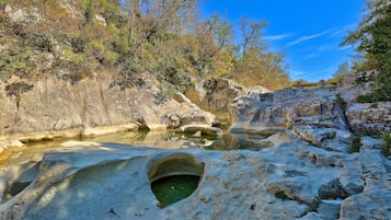 A natural landscape with a rocky terrain, a small stream, and dense foliage.