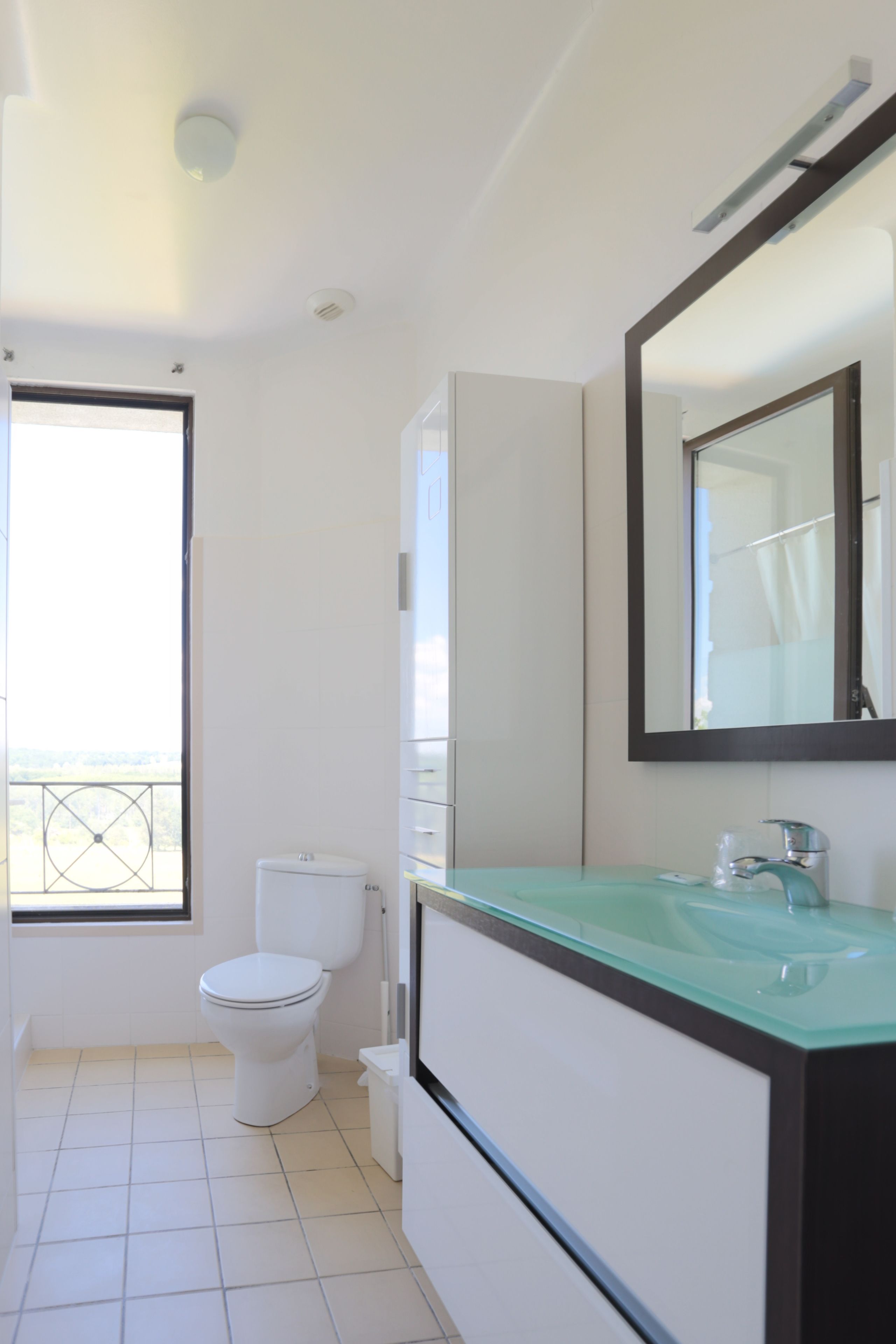 Une salle de bain moderne avec des toilettes, un lavabo en verre et un grand miroir.