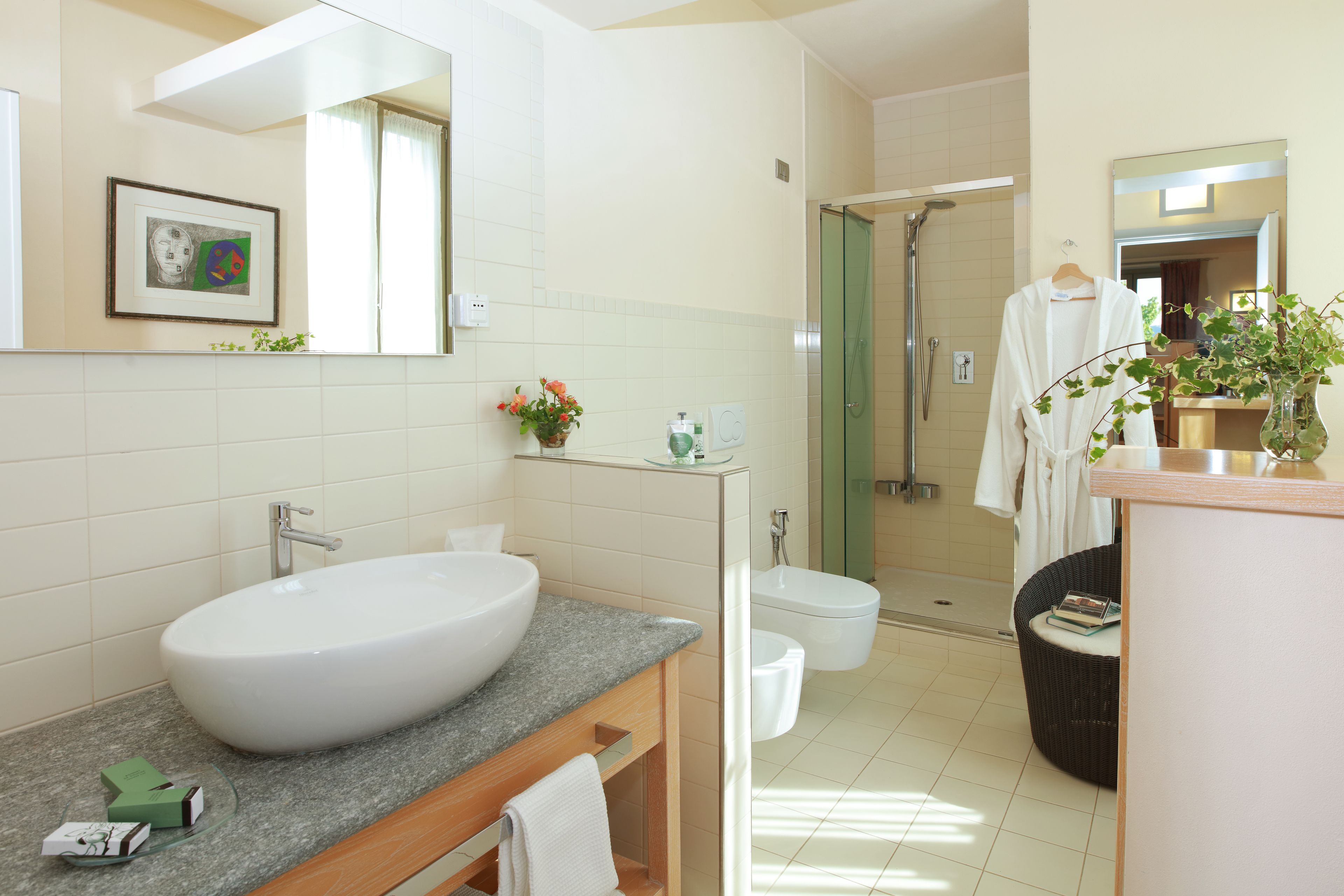 superior double room | bathroom | shower, free toiletries, hair dryer, bathrobes