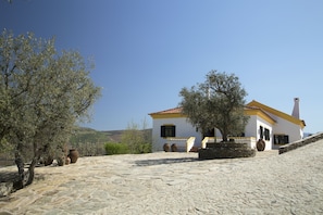 A white building with yellow trim, stone flooring, and large vases.