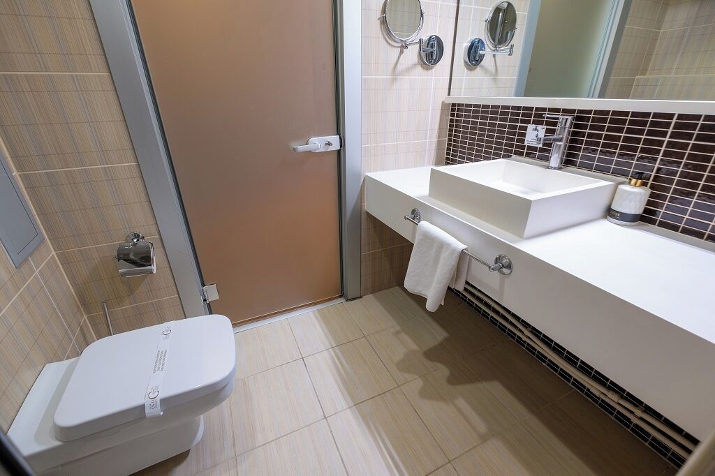 A bathroom with a toilet, a sink, a mirror, and a shower area.