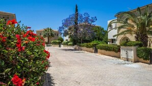 A paved street lined with buildings, a tall tree with purple flowers, and a palm tree. - Villa Siesta (Pegeia)