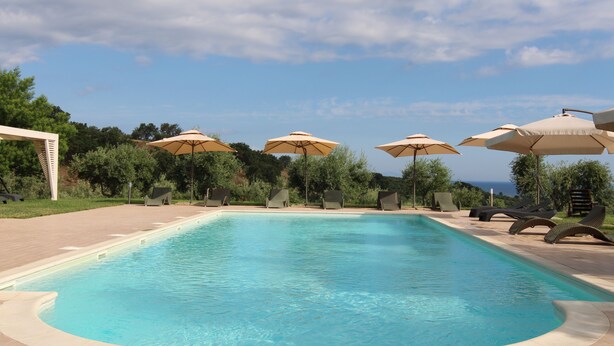 Una piscina con sillas de descanso y sombrillas, rodeada de vegetación y un cielo despejado.