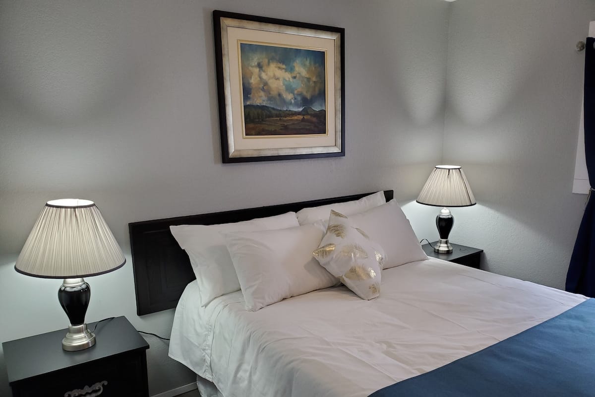 A neatly made bed with white bedding and a blue accent, flanked by two bedside tables with lamps, a framed painting above the bed, and a dark-colored headboard.