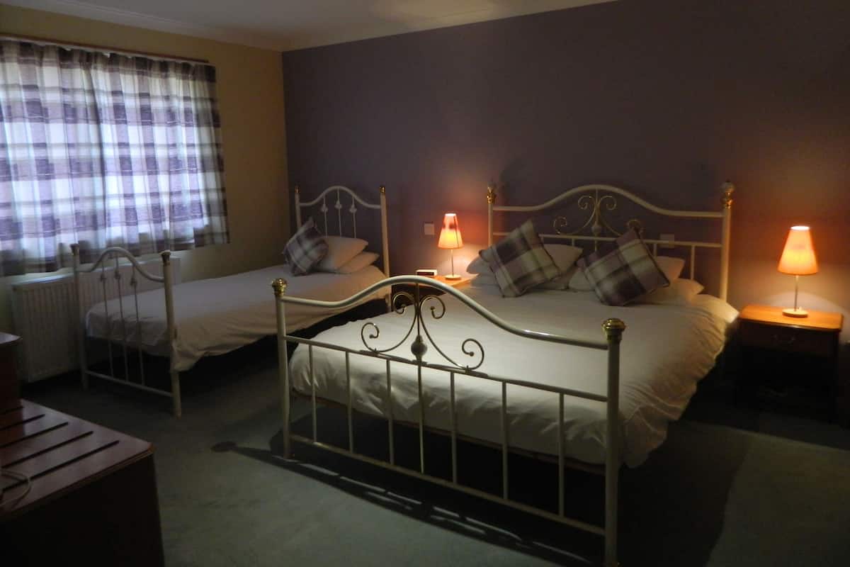 A bedroom with two single beds, a bedside table with a lamp, a window with curtains, and a radiator.