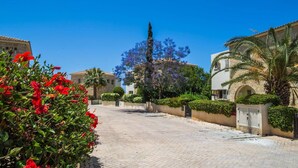 A paved street lined with buildings, some with stone facades and others with white walls, and a variety of greenery including flowering plants and trees. - Villa Maria (Pegeia)