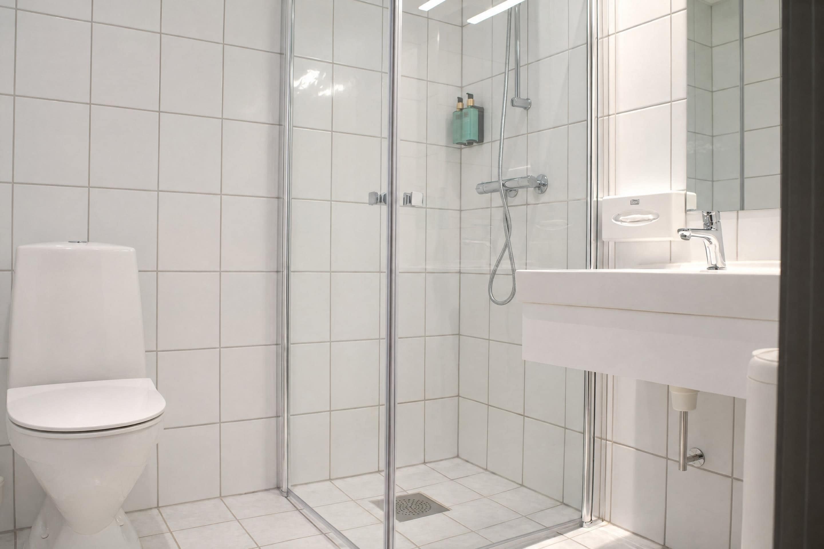 A modern bathroom with a glass-enclosed shower, a white toilet, and a sink with a mirror.