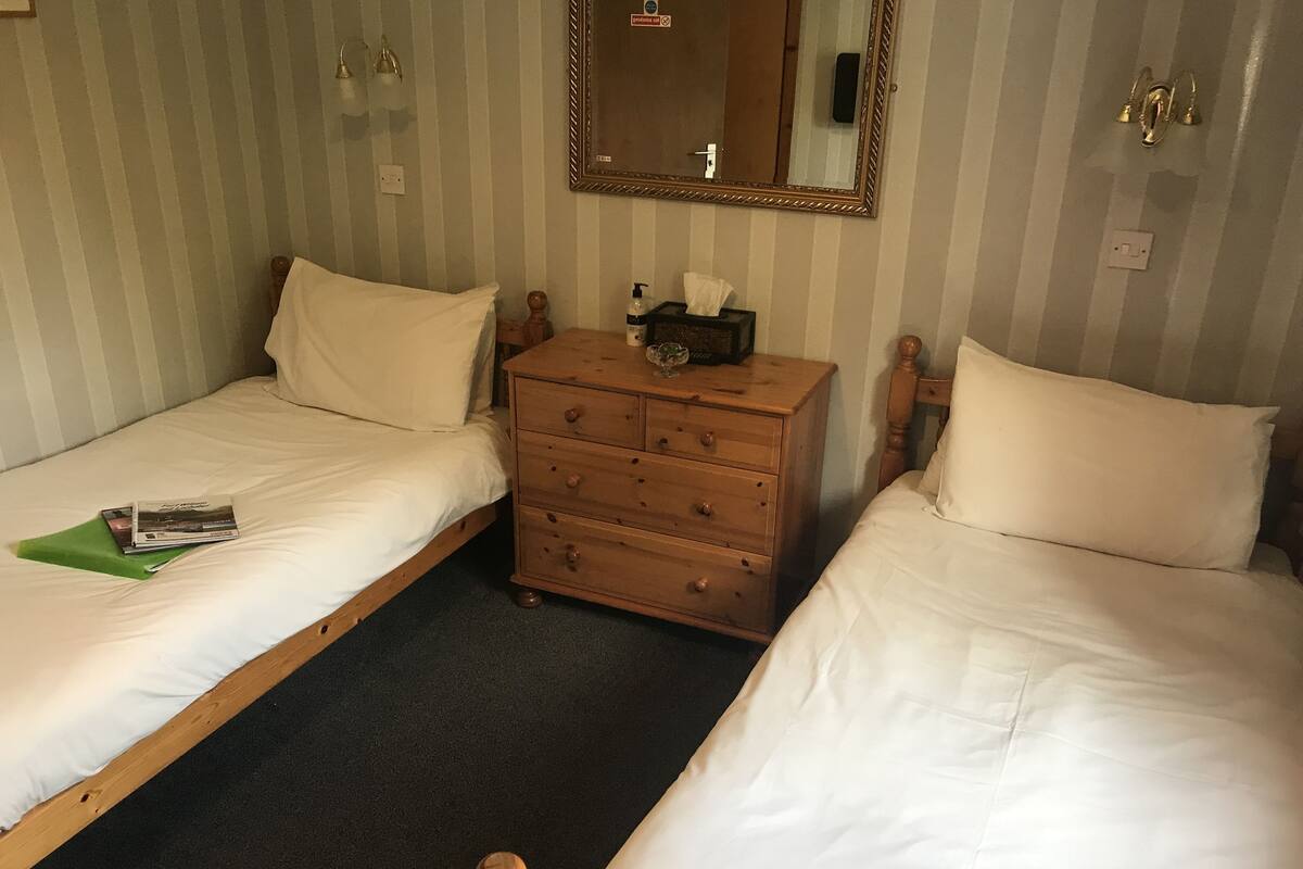 Una habitación con dos camas individuales, un aparador de madera, un espejo y una pared a rayas.