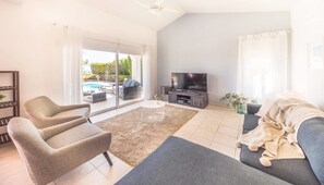 Villa, 4 Bedrooms, Hot Tub, Sea View | Living area | Plasma TV, video-game console - Villa Maya (Pegeia)