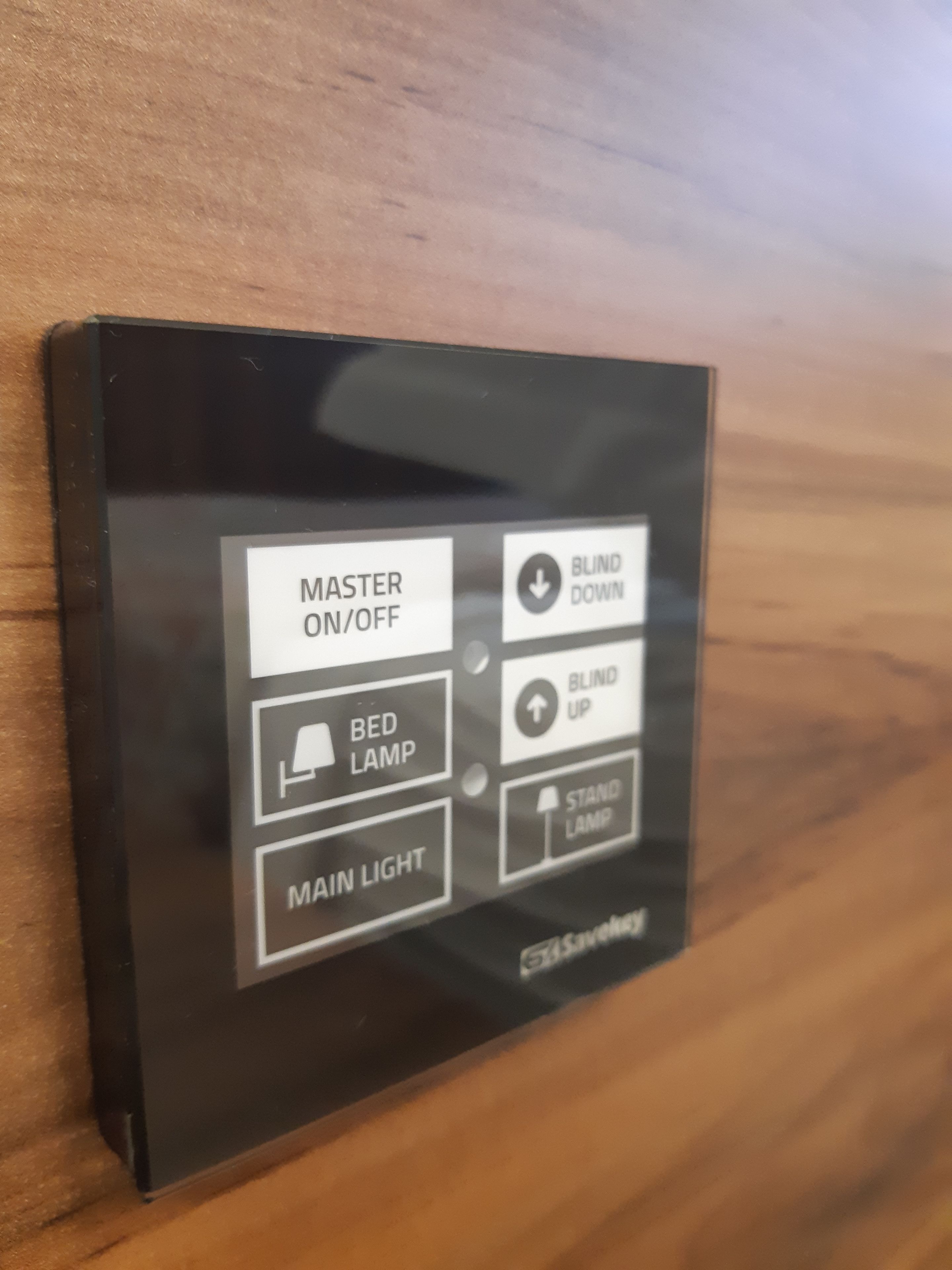 A control panel with buttons for master on/off, bed lamp, main light, blind down, blind up, and stand lamp.