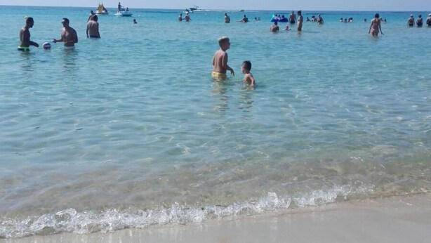 Une plage où l’on voit des gens nager et s’amuser dans l’eau.