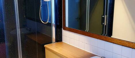 Een badkamer met een douche met glazen wand, een wit toilet en een wastafel met spiegel erboven.
