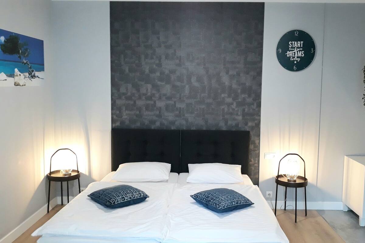 A bedroom with a large bed, two bedside tables with lamps, a wall clock, and a hanging plant.