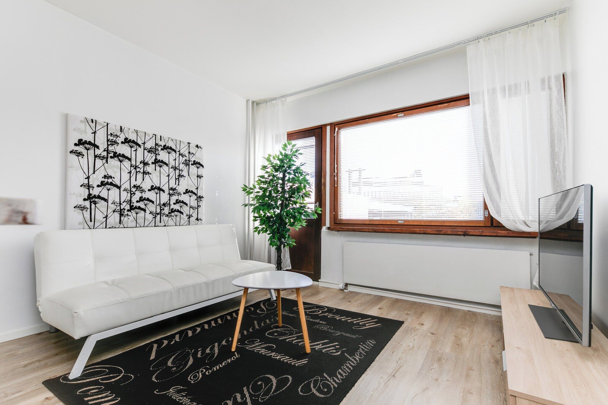 A modern living room with a white sofa, a round coffee table, a black rug with cursive writing, a potted plant, and a TV on a wooden stand.