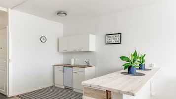 A modern kitchen with white cabinetry, a wooden countertop, and a black and white patterned rug.