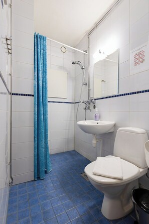 A bathroom with a shower, sink, toilet, and blue-tiled floor. - Santa's City Apartments (Rovaniemi)