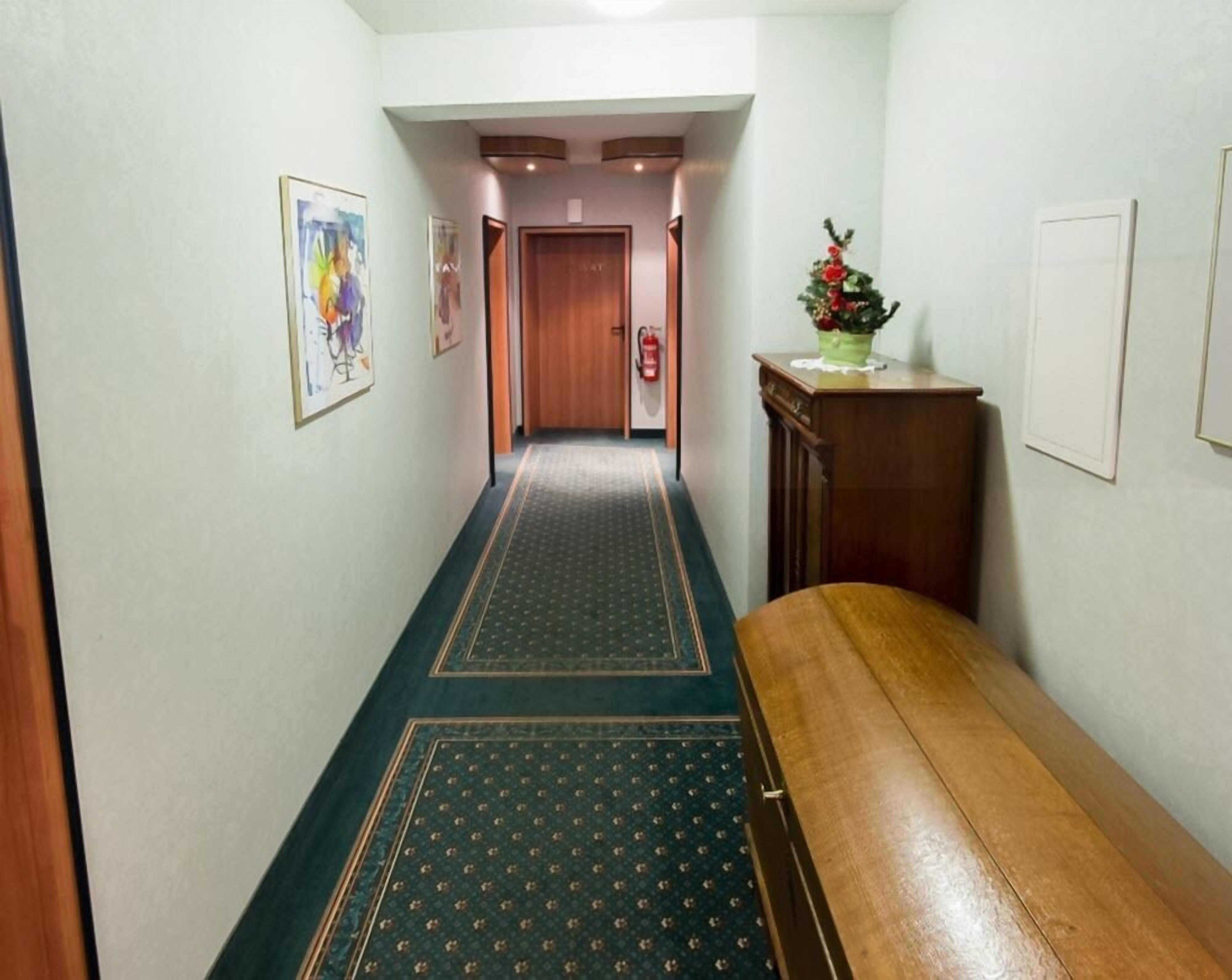 Un pasillo con alfombra estampada, un banco de madera y una pequeña mesa con una planta.