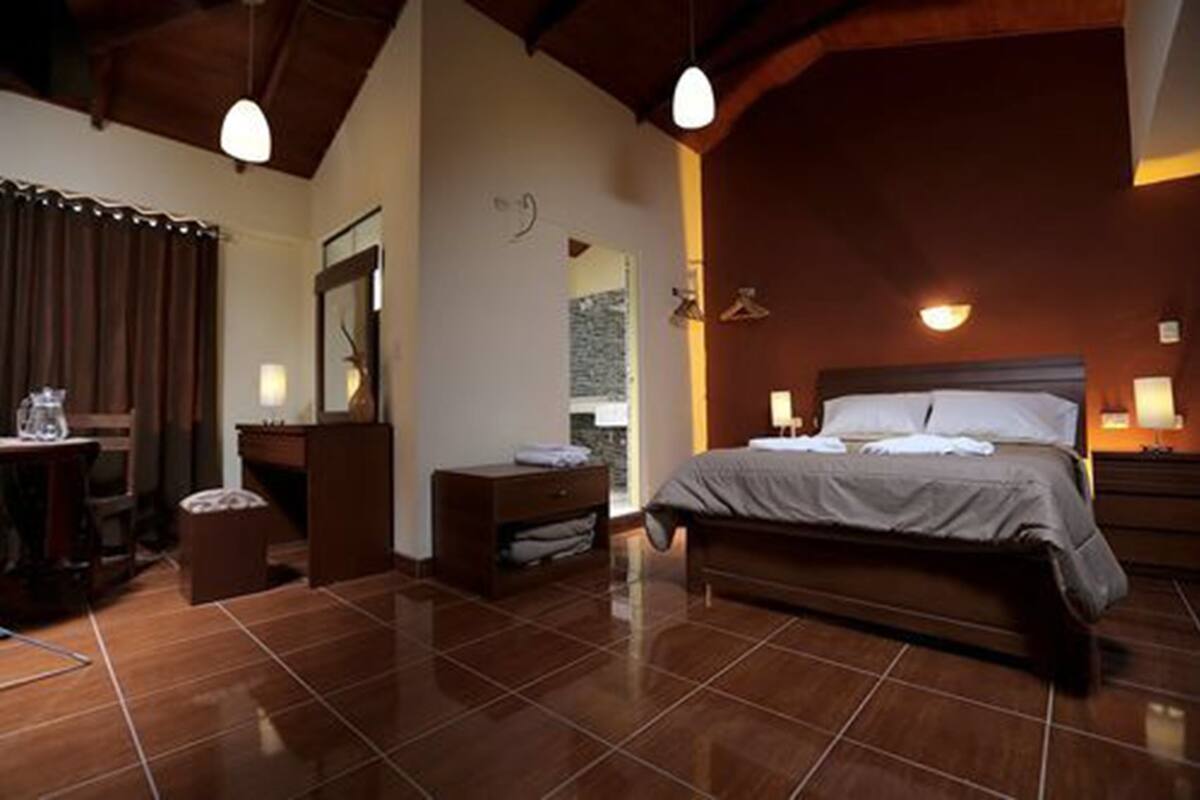 Une chambre à coucher avec un grand lit, une commode en bois, une table de chevet et un miroir.