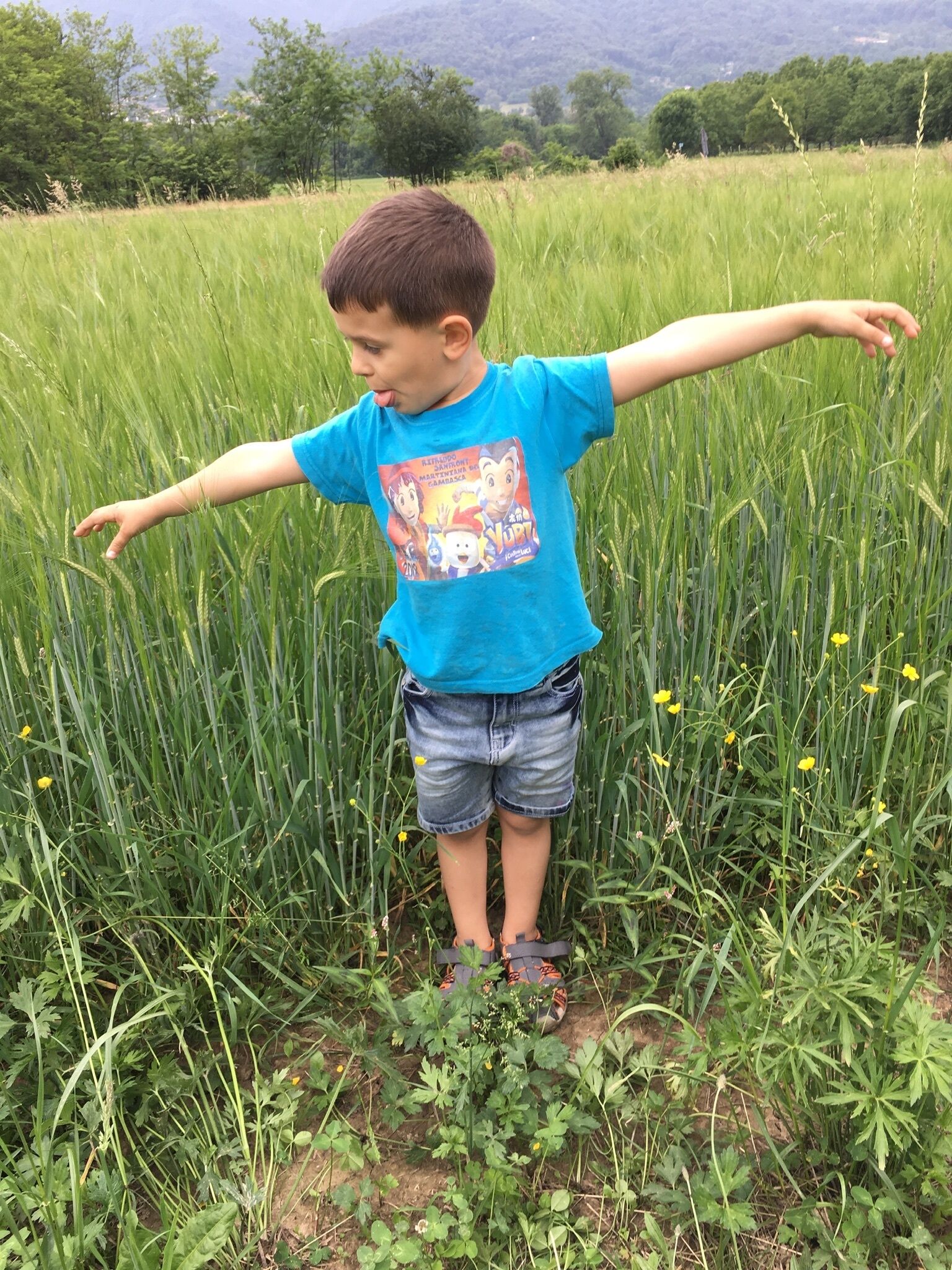 A child standing in a field with arms outstretched.