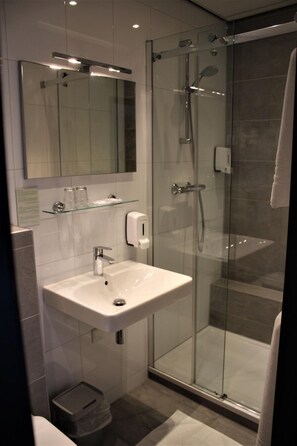 Een douche, gratis toiletartikelen, een haardroger, handdoeken