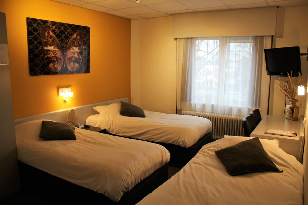 A hotel room with two beds, a television, a window with curtains, and a painting on the wall.