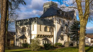 A large, castle-like building with a prominent tower, multiple windows, and a well-maintained lawn. - Hotel Villa von Sayn (Rheinbreitbach)