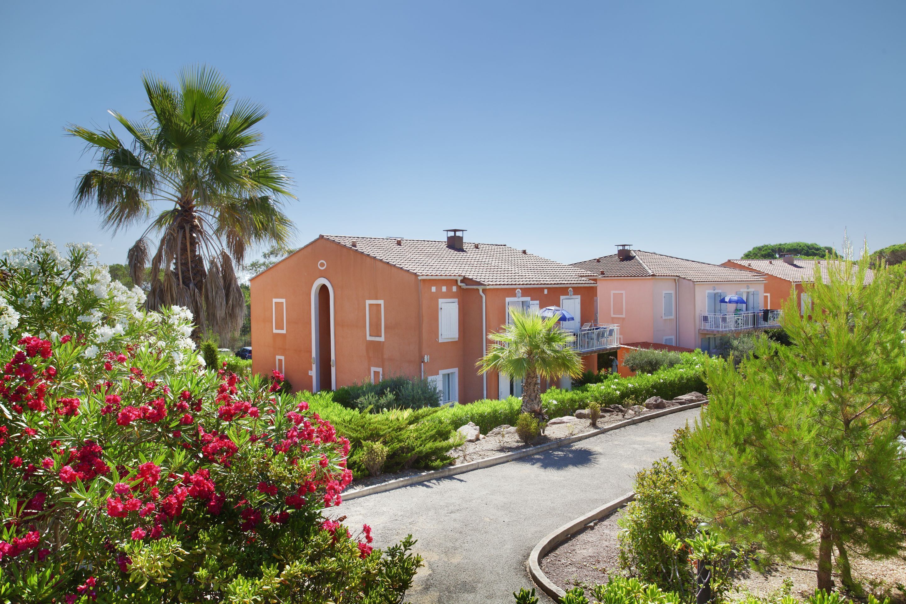 Un edificio con facciata rossa, un viale curvo e vegetazione circostante, tra cui palme e piante fiorite.