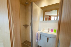 Double Room (Blick auf Berge und Königsschlösser) | Bathroom | Shower, hair dryer, towels - Ferienhof und Gästehaus Geiger (Fuessen)