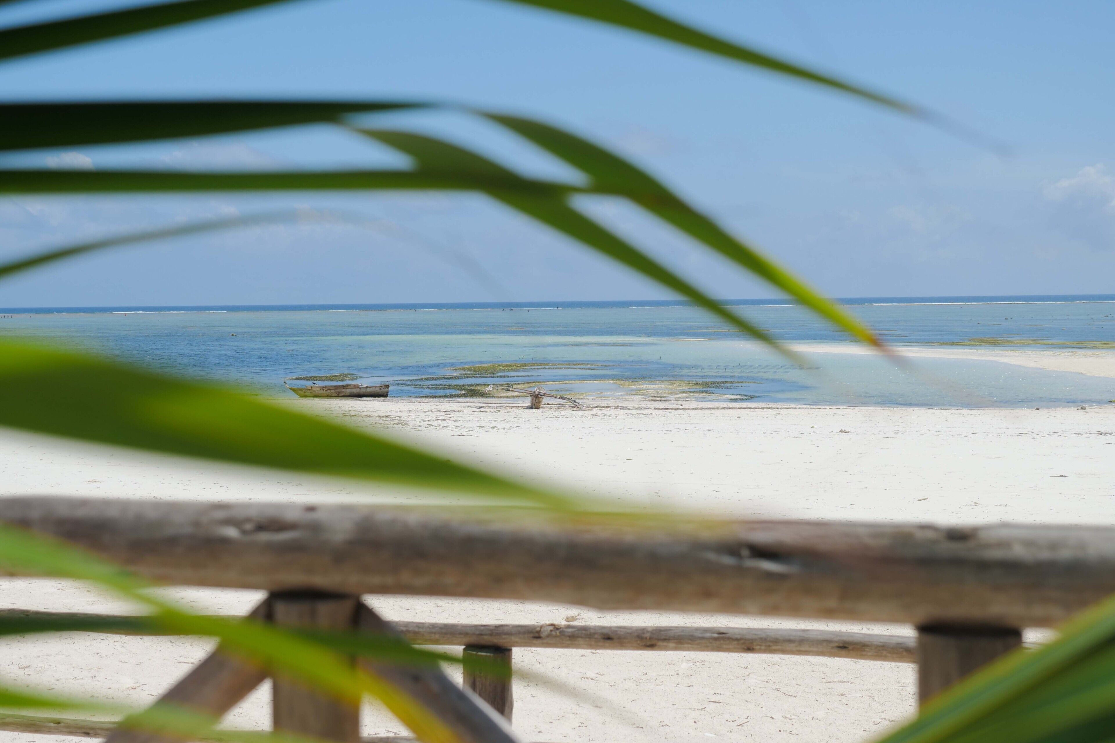 A beach with a wooden fence and a clear view of the ocean.