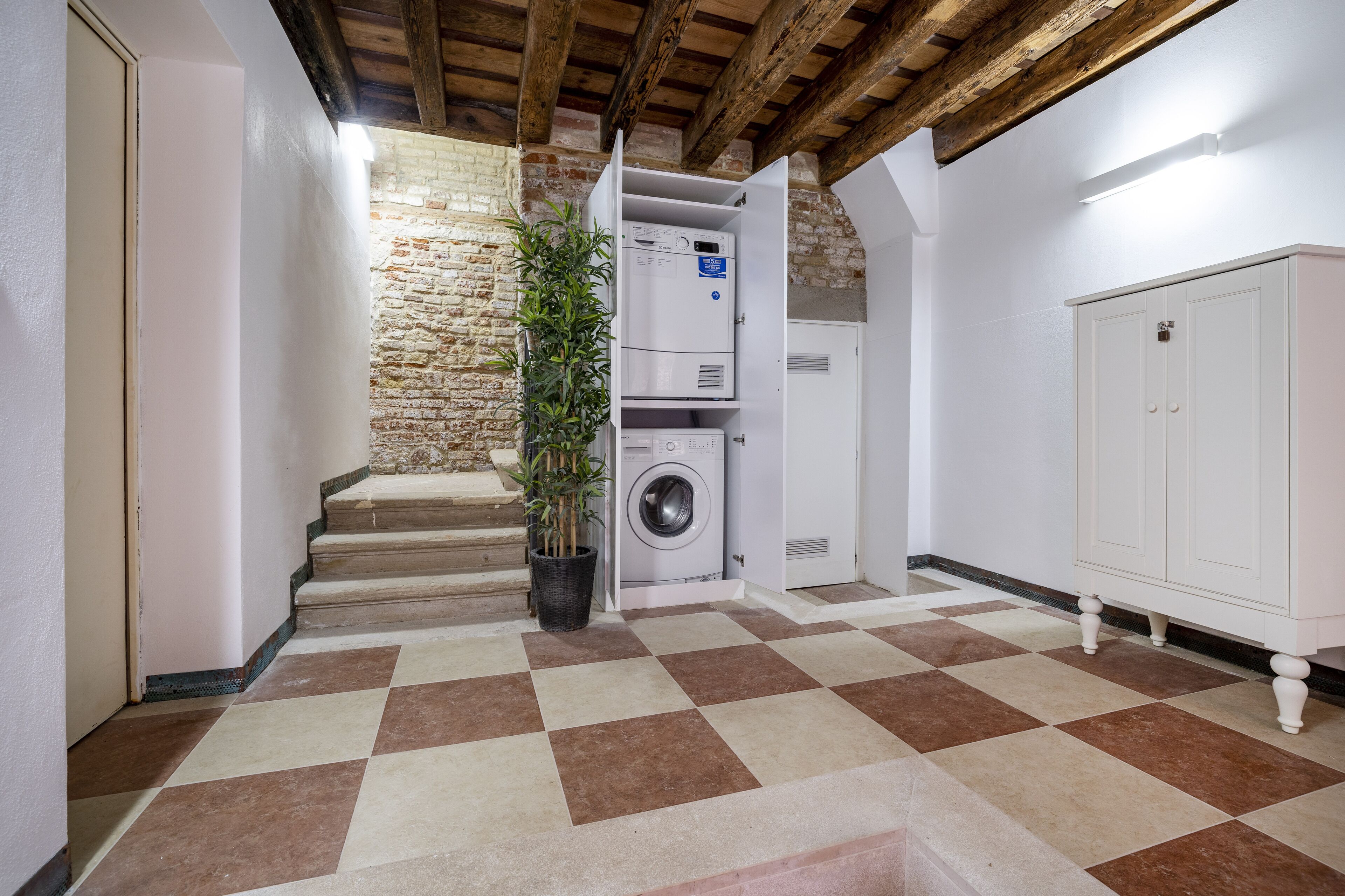Une buanderie équipée d’un lave-linge, d’un sèche-linge et d’une plante en pot.