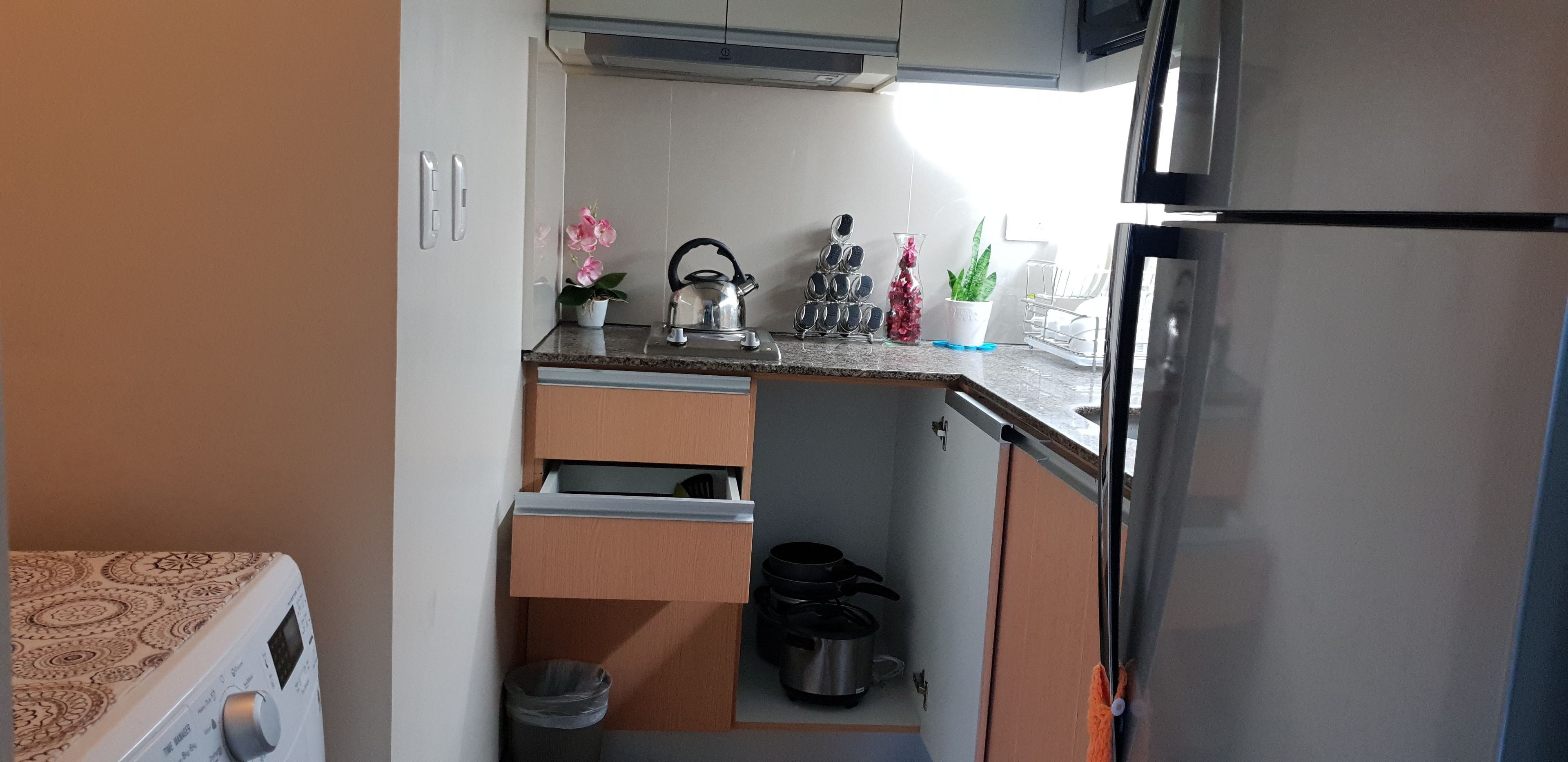 Angolo cottura funzionale con frigorifero in acciaio inox, forno a microonde, bollitore e lavello. Sul piano di lavoro, piante in vaso e un bollitore.