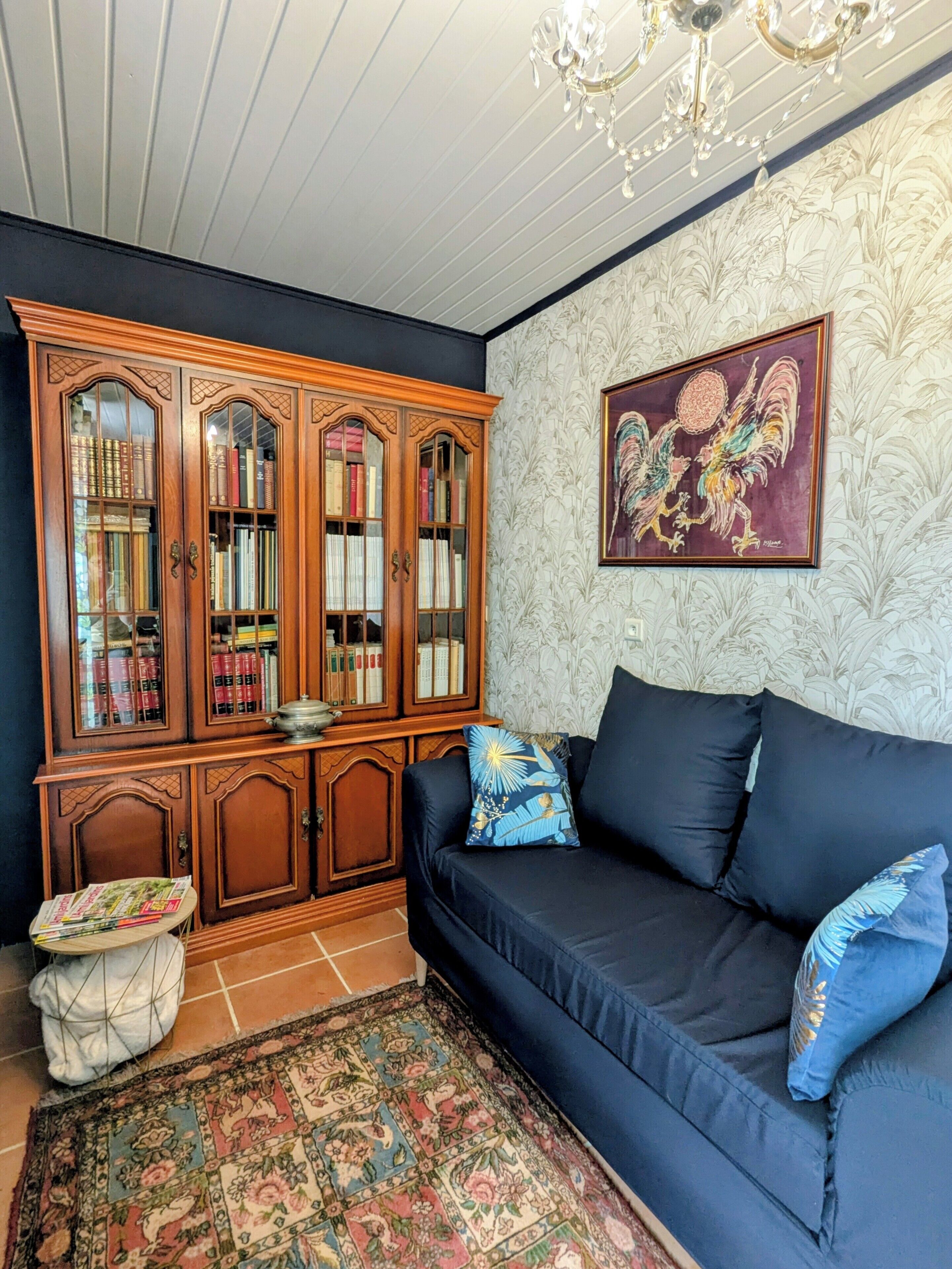A living room with a dark blue sofa, a wooden bookcase, a patterned rug, and a chandelier.