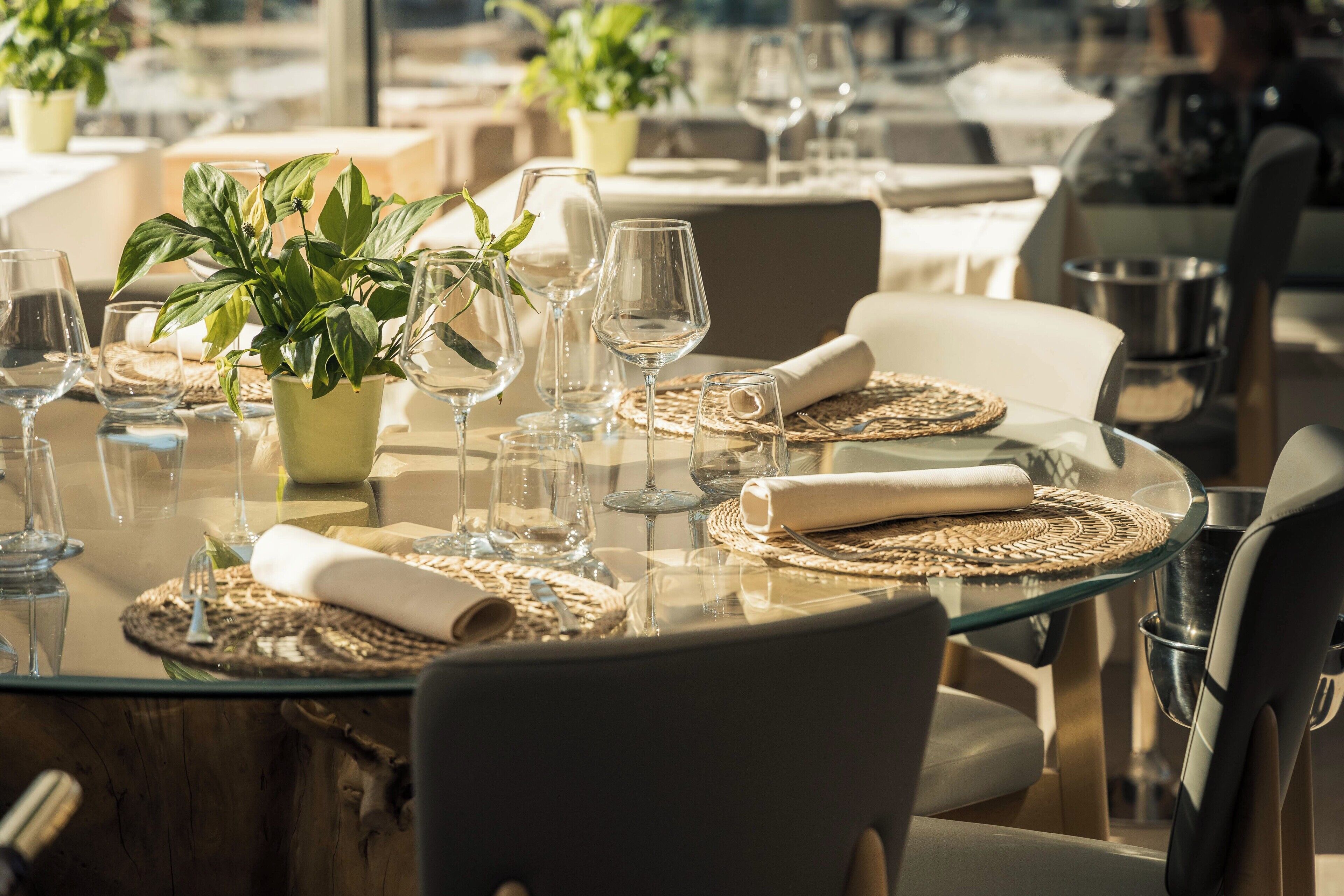 Una mesa de comedor dispuesta con cristalería transparente, individuales tejidos y una planta en maceta.