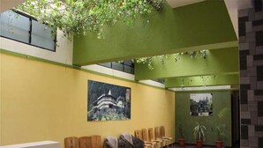 A lobby with green walls, a large painting, several chairs, a table, and hanging plants. - Hotel Cool Palace (Nashik)