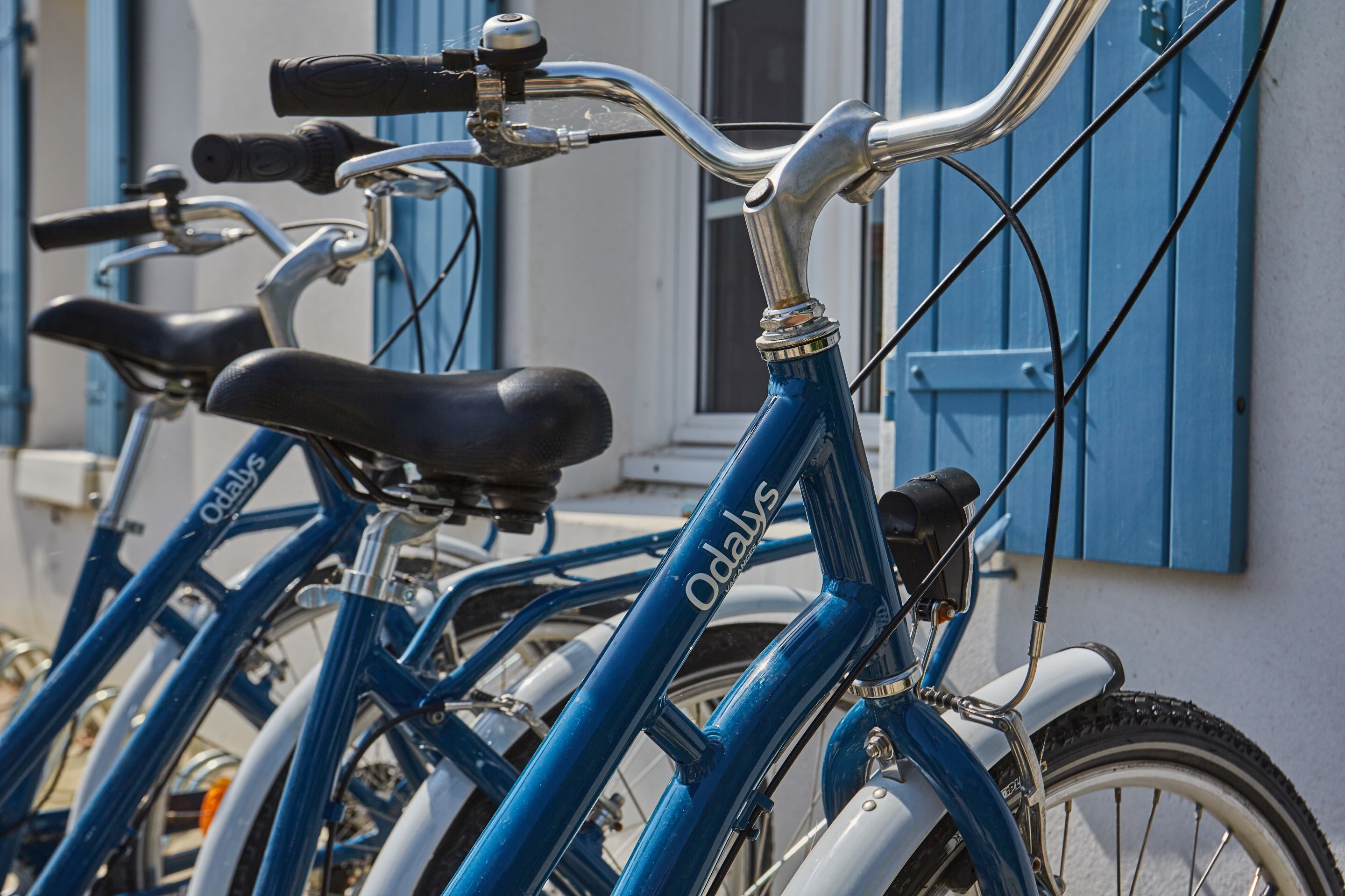 Een rij blauwe fietsen geparkeerd tegen een gevel met blauwe luiken.