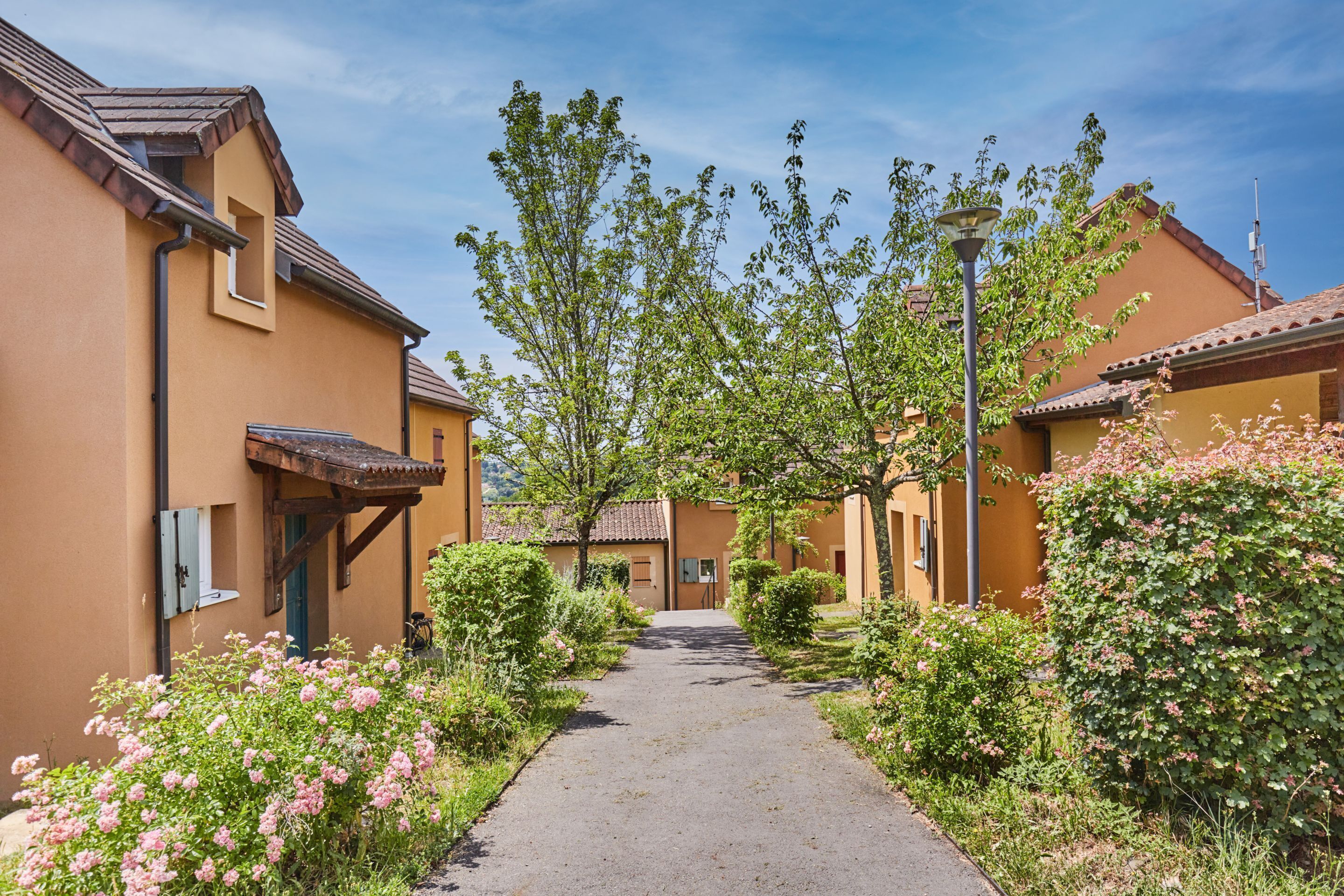 A narrow pathway flanked by buildings with a tiled roof, surrounded by lush greenery and flowering plants.