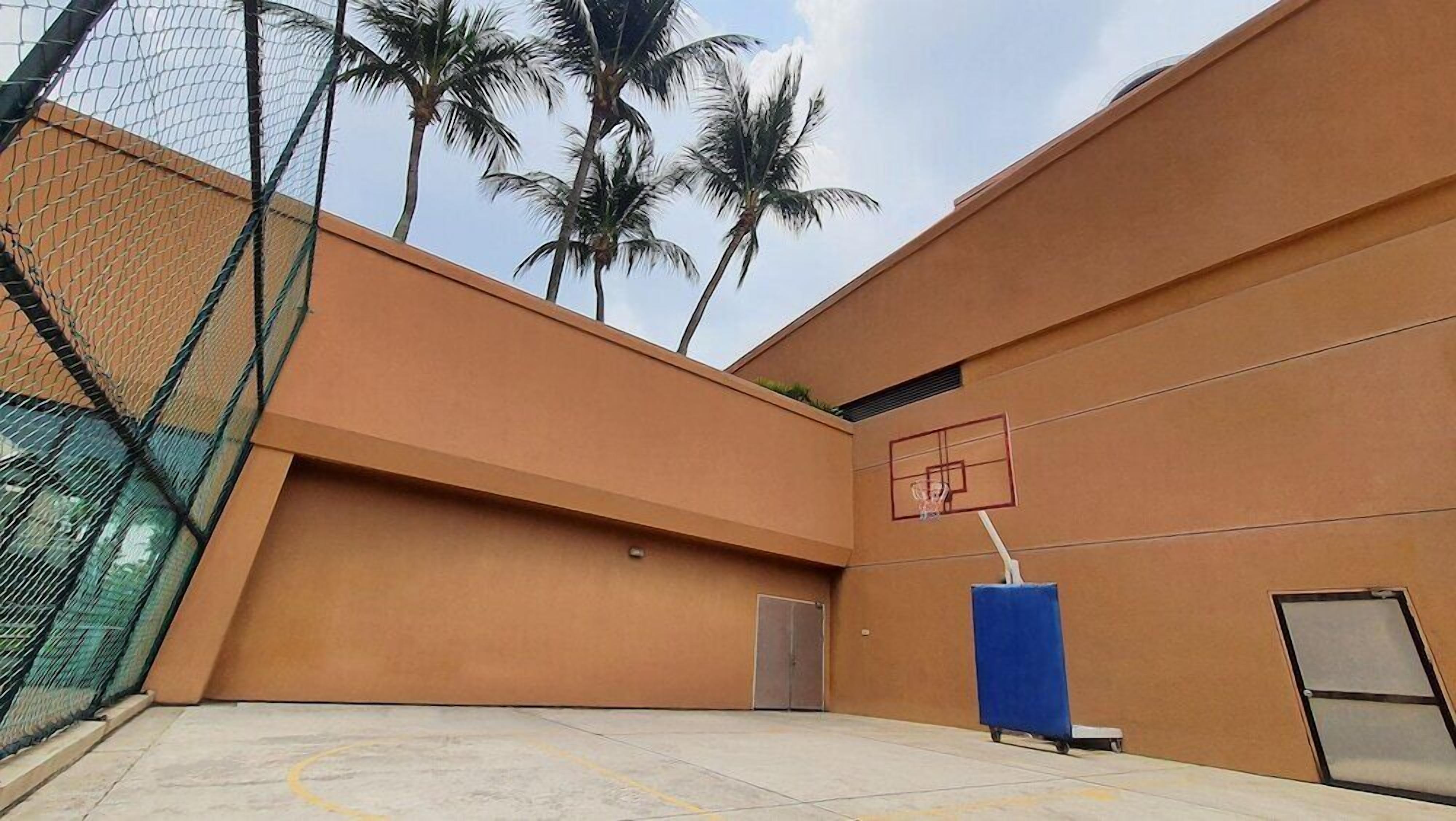An outdoor basketball court with a net, a blue trash bin, and palm trees in the background.