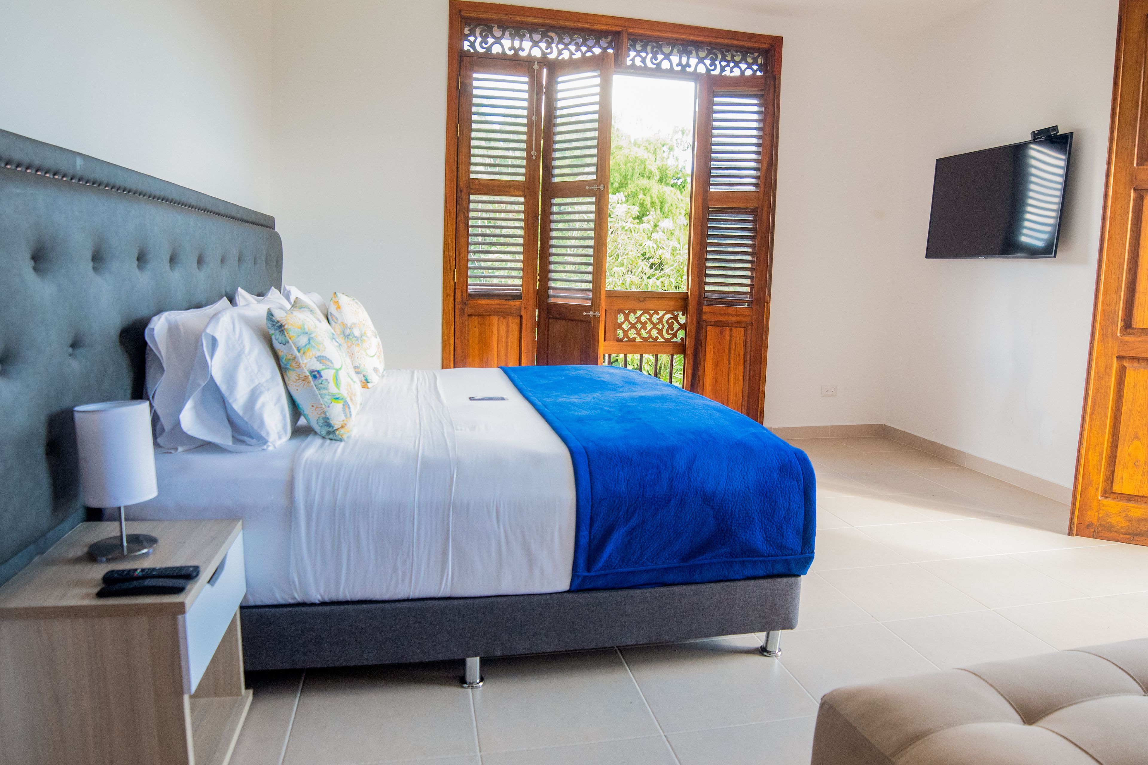 A bedroom with a bed, a nightstand, a TV, and a view through a wooden door.