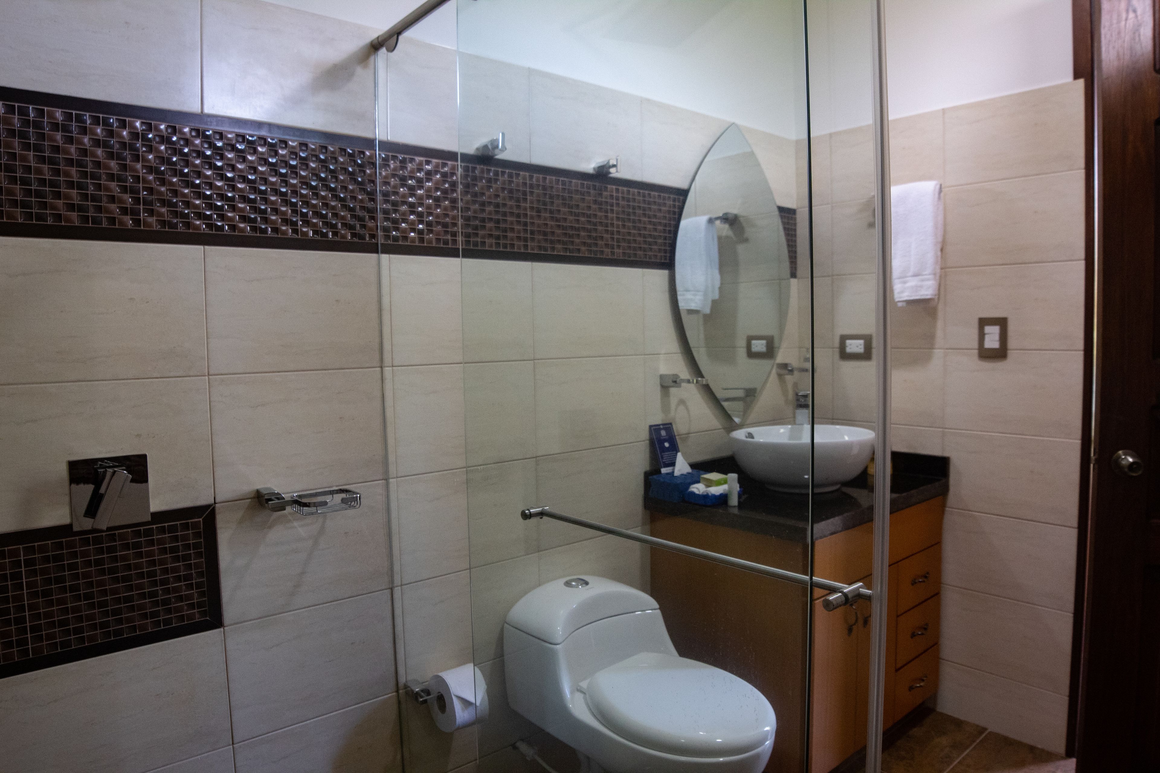 A modern bathroom with a glass shower enclosure, a white toilet, a sink with a mirror above it, and a tiled backsplash.