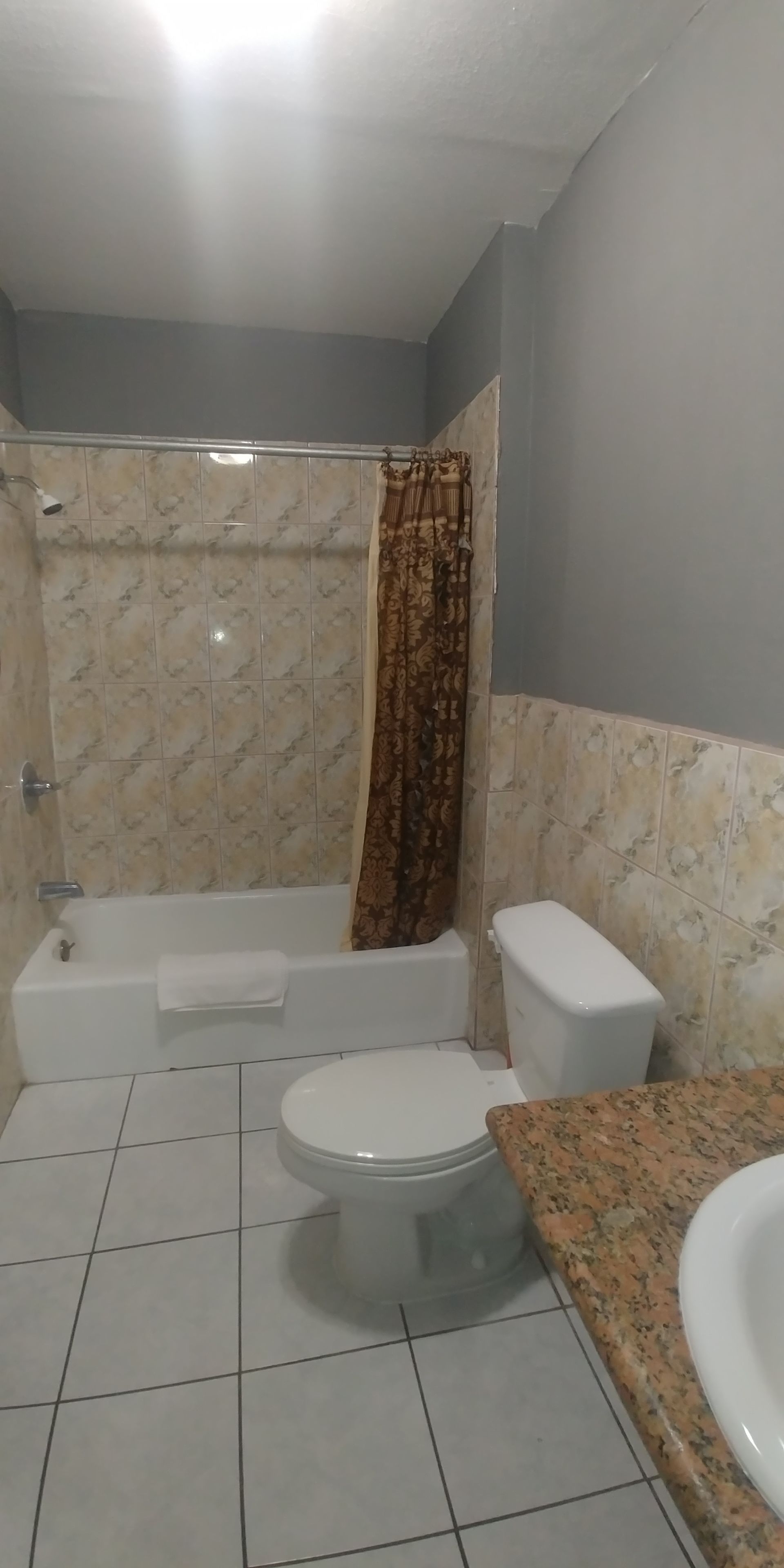 A bathroom with a bathtub, toilet, and shower curtain.